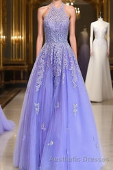 A-Line/Princess Halter Floor-Length Tulle Evening Prom Dresses With Appliques Lace